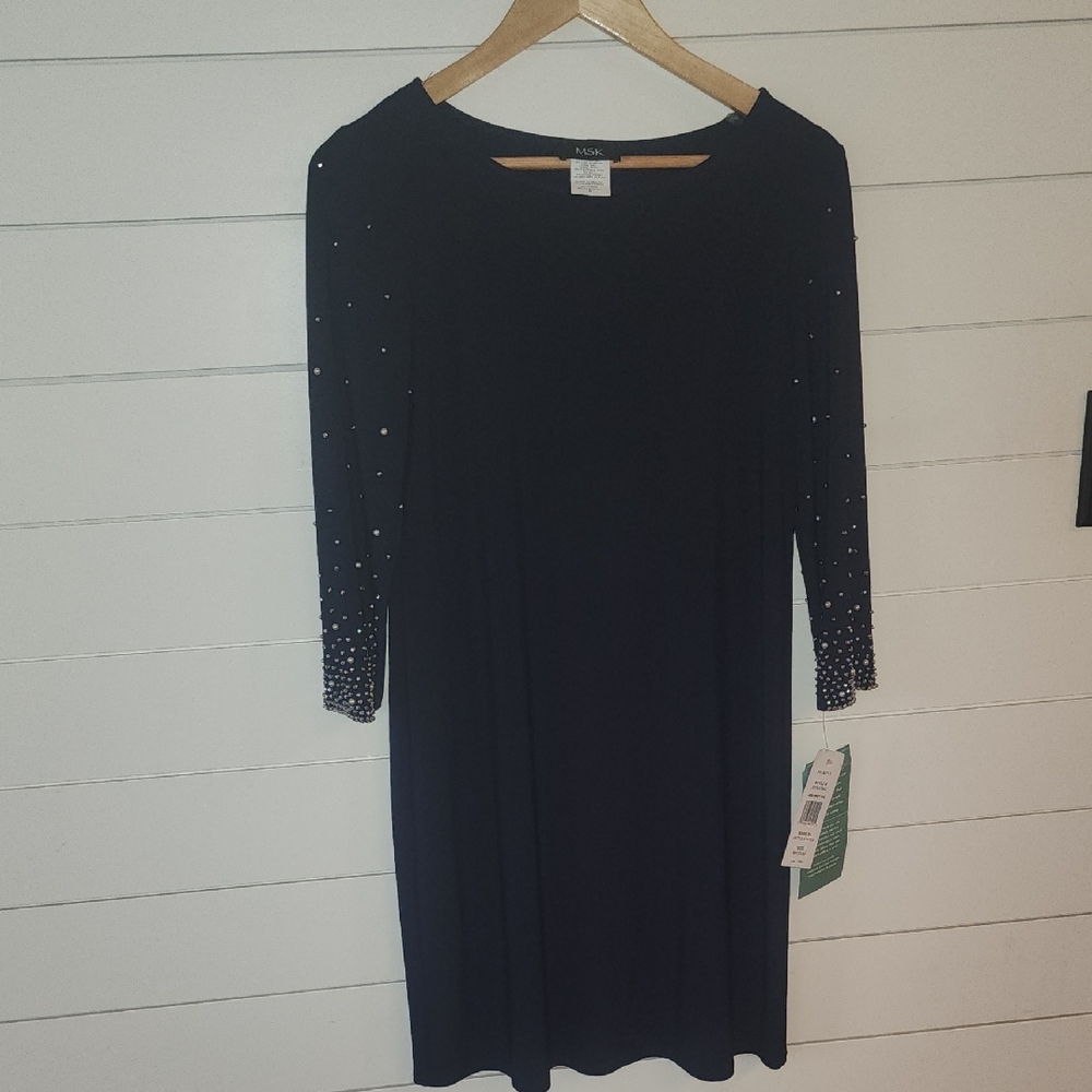 MSK  Navy Rhinestone Sleeve Long-Sleeve Dress